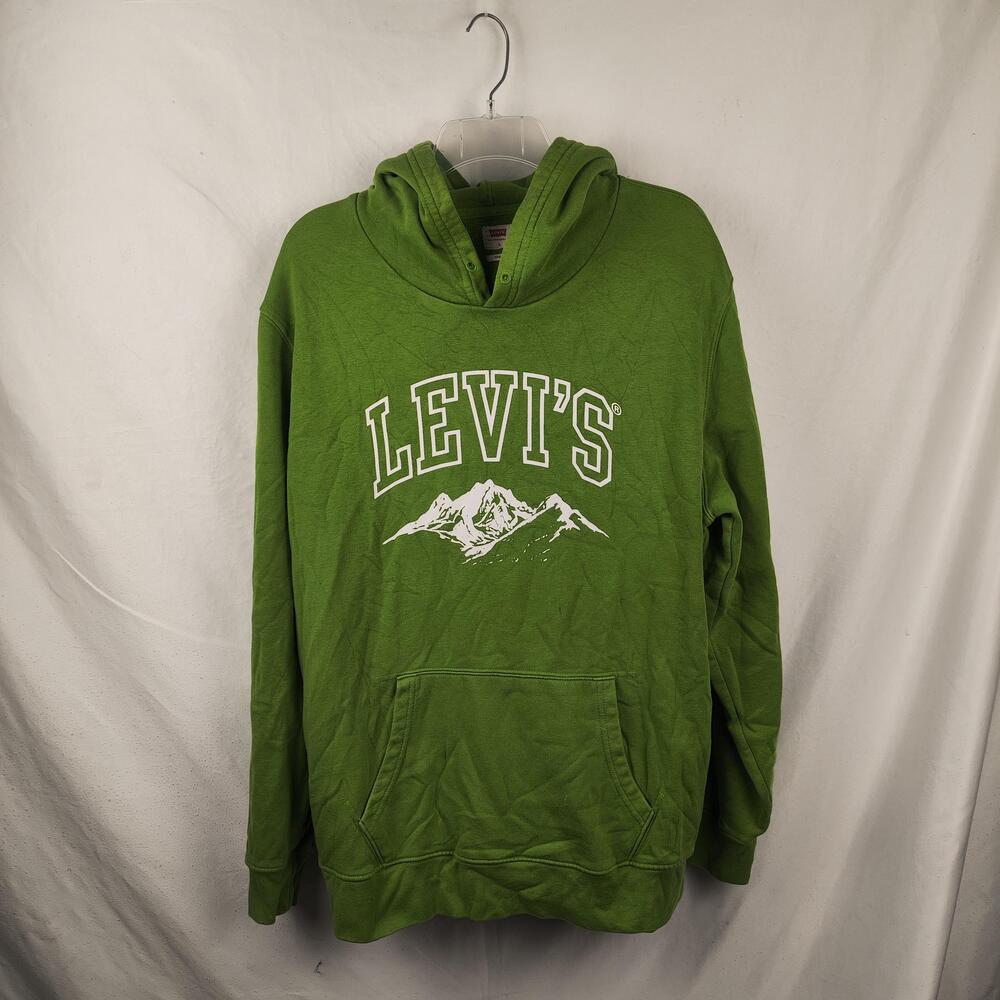 Levis Hoodie Mens Large Green Mountain Graphic Logo Pullover Fleece Sweatshirt